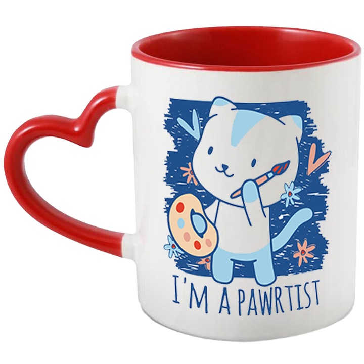 Cana Cu Pisica Pictor Albastra, Mesaj In Egleza I'm A Pawrtist, Iubitorii De Animale Blanoase, 330 ml, cu maner Inima Rosie