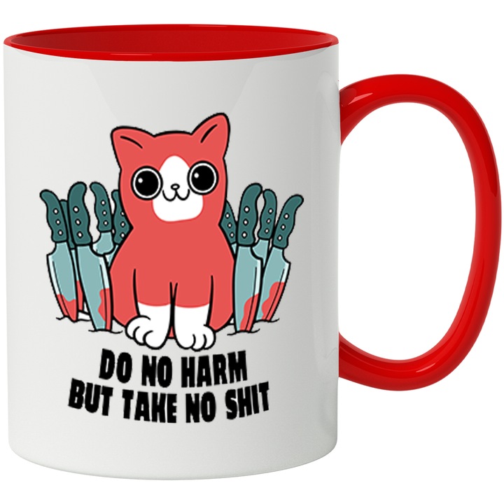 Cana Cu Pisia Rosie Criminala, Mesaj In Engleza Do Not Harm But Take No S**t, Cutite, Multicolor 330 ml, cu maner Rosu