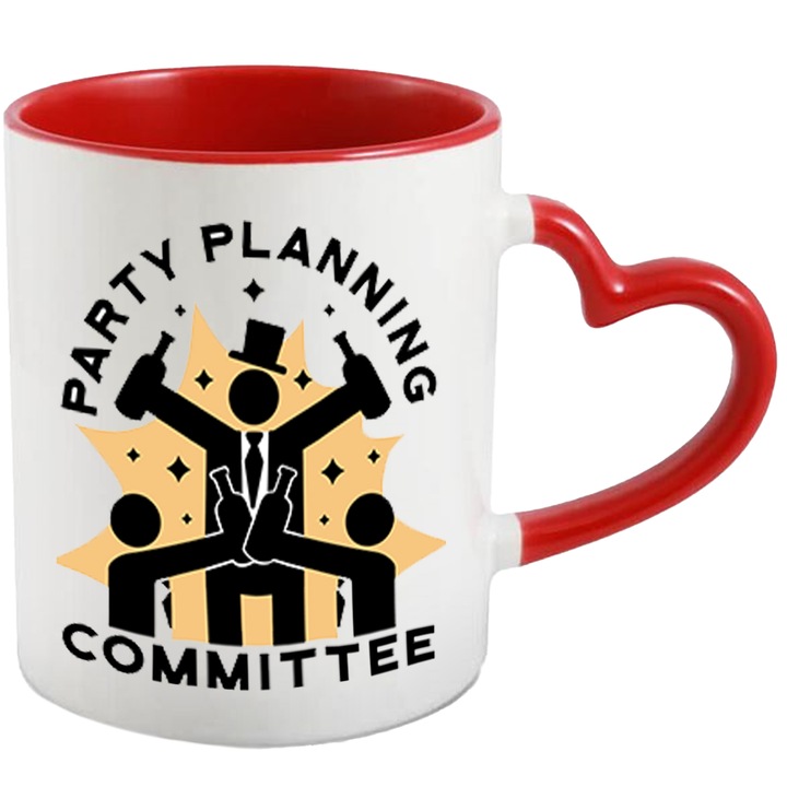Cana Cu Mesaj In Engleza Party Planning Committee, Silueta Om Cu Palarie Si Sticle, Pertrecere, Iubitorii De Distractie 330 ml, cu maner Inima Rosie