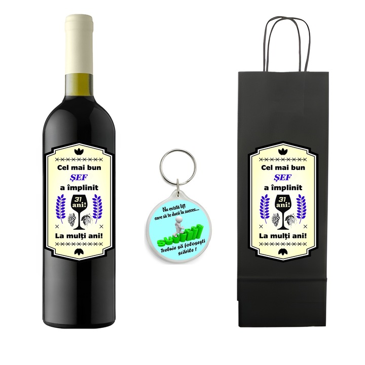 Set personalizat sticla de vin rosu, demisec, Feteasca Neagra, 750 ml, breloc succes si punga de cadouri cu imprimeu Cel mai bun sef a implinit 31 ani