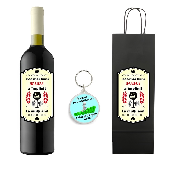 Set personalizat sticla de vin rosu, demisec, Feteasca Neagra, 750 ml, breloc succes si punga de cadouri cu imprimeu Cea mai buna mama a implinit 61 ani