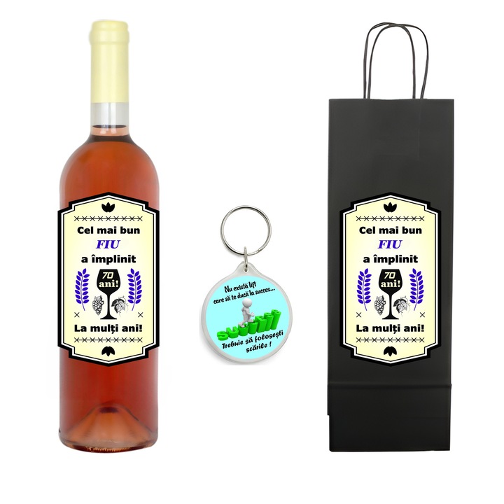 Set personalizat sticla de vin rose, demisec, 750 ml, breloc succes si punga de cadouri cu imprimeu Cel mai bun fiu a implinit 70 ani