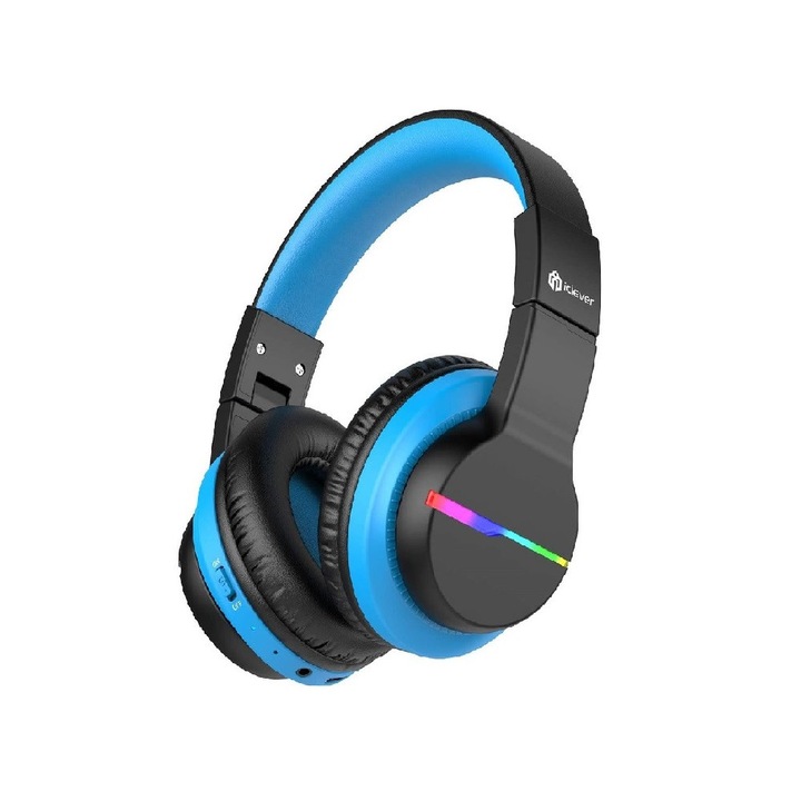 iClever Kids fejhallgató BTH12 vezeték nélküli audiofejhallgató gyerekeknek, színes LED lámpák, korlátozott hangerő 74/85/94 dB, 55 óra lejátszás, Bluetooth 5.2, fülön, mikrofon, összecsukható, 3,5 mm-es jack, sztereó hang, iskolai, táblagép, fekete-kék