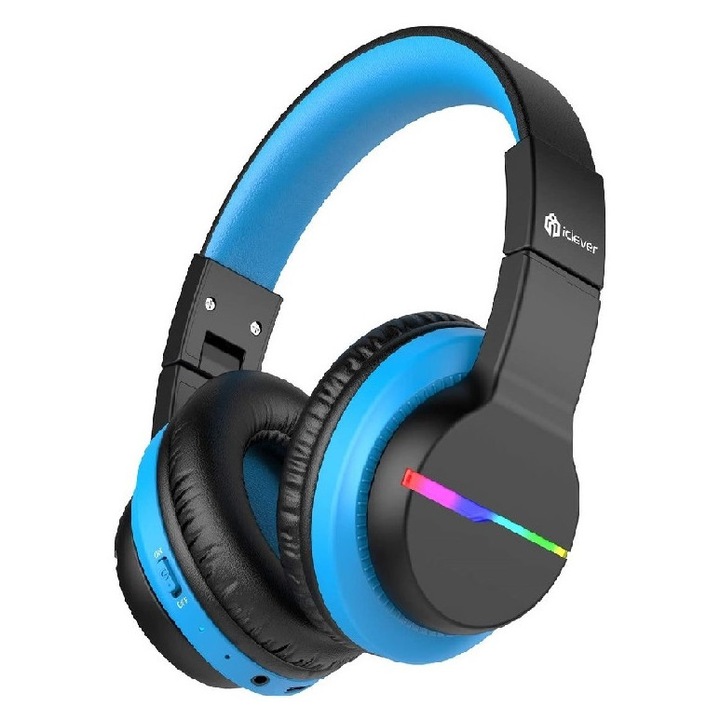 Casti Audio Wireless Pentru Copii, Lumini LED colorate, Volum Limitat 74/85/94dB, redare 55 ore, Bluetooth 5.2, On Ear, Microfon, Pliabil, Jack 3.5 mm, Sunet Stereo, scoala, tableta,, iClever Kids Headphone BTH12, Black&Blue