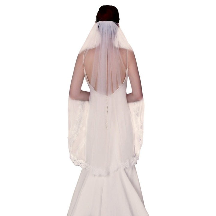 Voal de mireasa lung pana la degete, rotund, bordurat cu dantela florala V154 Ivoire