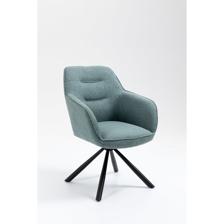 Scaun de sufragerie KANDANA, set de 2,63x61x88 cm, turcoaz, tapitat, baza pivotanta 180°, picioare metalice