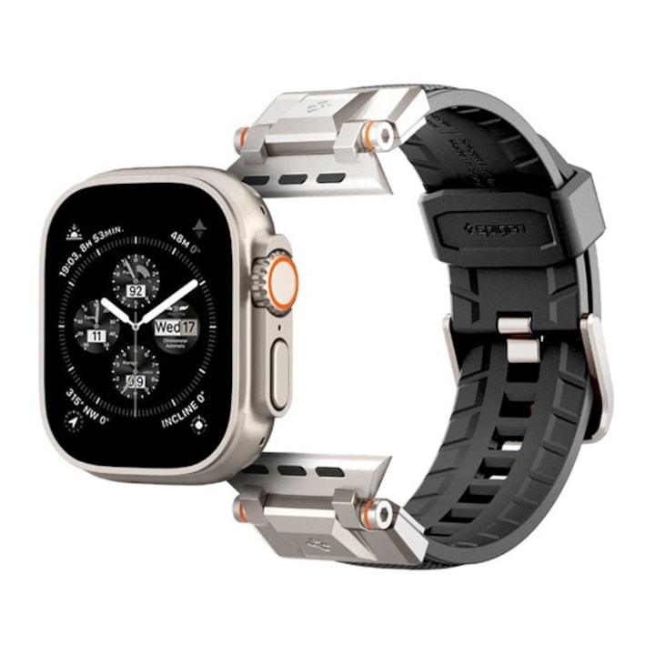 Apple Watch Series 9 45mm / Watch Series SE 44mm / Watch Series 8 45mm Spigen durapro armor pótszíj (egyedi méret, szilikon, állítható, fém csat) fekete, AMP06065, gyártói csomagolás