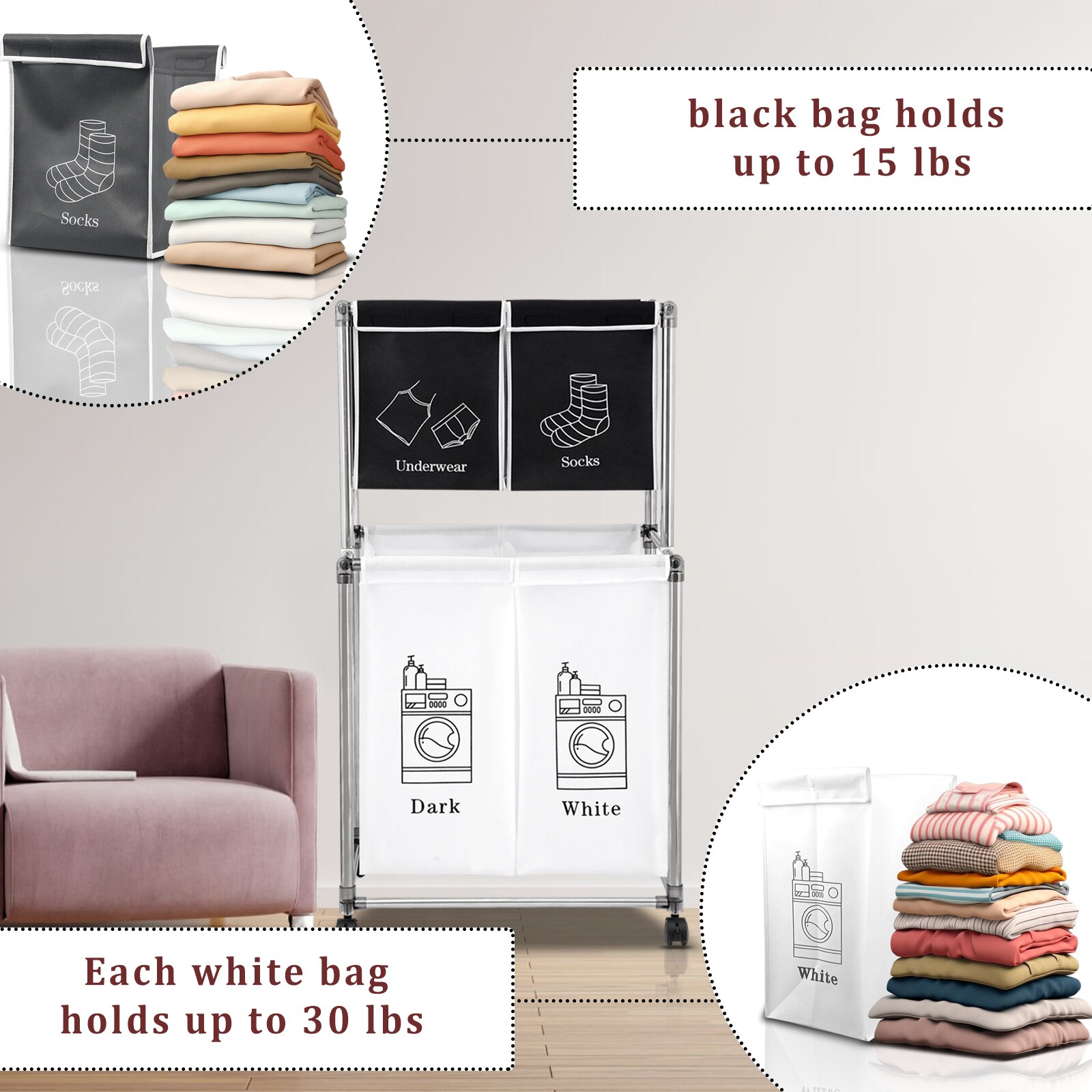 Cos de rufe cu 2 nivele de clasificare, patru saci detasabili, design ...