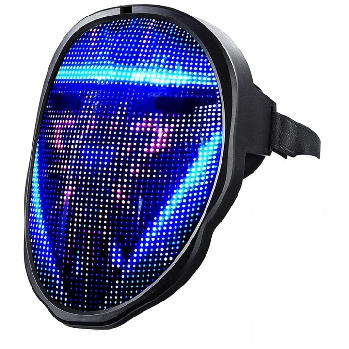 Masca faciala luminoasa, WALALLA, ABS/Silicon, 50 de moduri de culoare, Conexiune Bluetooth, Incarcare USB, Negru