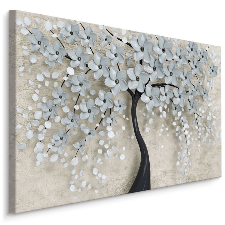 Tablou Living Arbore abstract intunecat, flori 3d 90x60cm pentru Living, Creative Decor, Abstract Modern Art