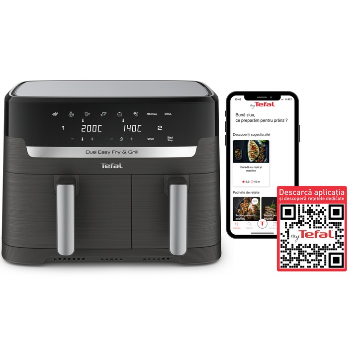 Friteuza cu aer cald Tefal Dual Easy Fry & Grill EY905B10, 2700 W, capacitate 8.3 L, 8 programe automate, vase detasabile antiaderente, Tehnologia ExtraCrisp, temperatura reglabila 40-200°C, display LCD, gri