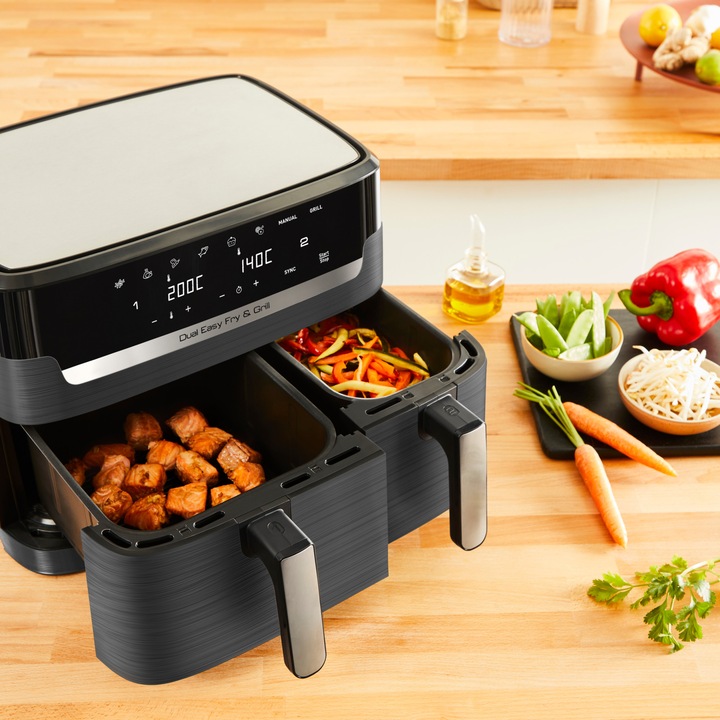 Friteuza cu aer cald Tefal Dual Easy Fry & Grill EY905B10, 2700 W, capacitate 8.3 L, 8 programe automate, vase detasabile antiaderente, Tehnologia ExtraCrisp, temperatura reglabila 40-200°C, display LCD, gri