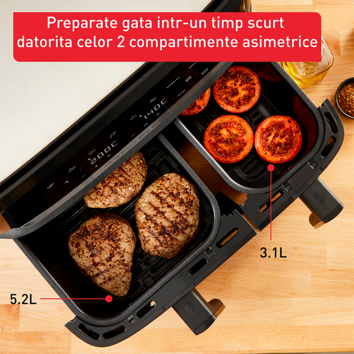 Friteuza cu aer cald Tefal Dual Easy Fry & Grill EY905B10, 2700 W, capacitate 8.3 L, 8 programe automate, vase detasabile antiaderente, Tehnologia ExtraCrisp, temperatura reglabila 40-200°C, display LCD, gri