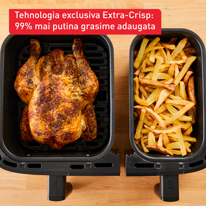 Friteuza cu aer cald Tefal Dual Easy Fry & Grill EY905B10, 2700 W, capacitate 8.3 L, 8 programe automate, vase detasabile antiaderente, Tehnologia ExtraCrisp, temperatura reglabila 40-200°C, display LCD, gri