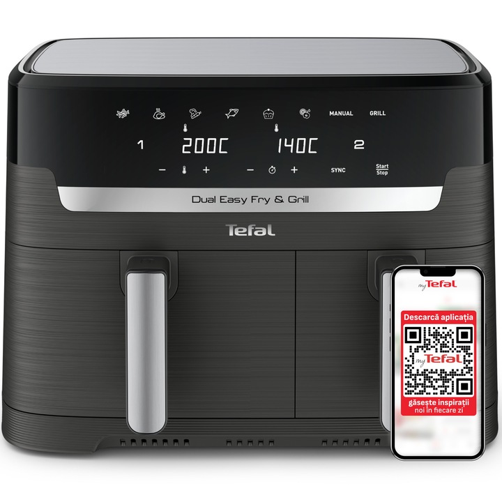Friteuza dubla cu aer cald Tefal Dual Easy Fry & Grill air fryer EY905B10, 2700 W, capacitate 8.3 L, functie grill, 8 programe, vase detasabile antiaderente, tehnologie Extra-Crisp, temperatura reglabila 40-200°C, display LCD, gri