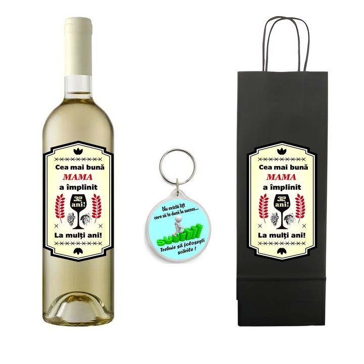 Set personalizat sticla de vin alb, demisec, Sauvignon Blanc, 750 ml, breloc succes si punga de cadouri cu imprimeu Cea mai buna mama a implinit 32 ani