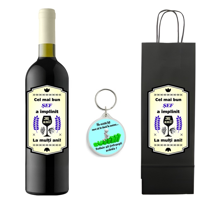 Set personalizat sticla de vin rosu, demisec, Feteasca Neagra, 750 ml, breloc succes si punga de cadouri cu imprimeu Cel mai bun sef a implinit 35 ani