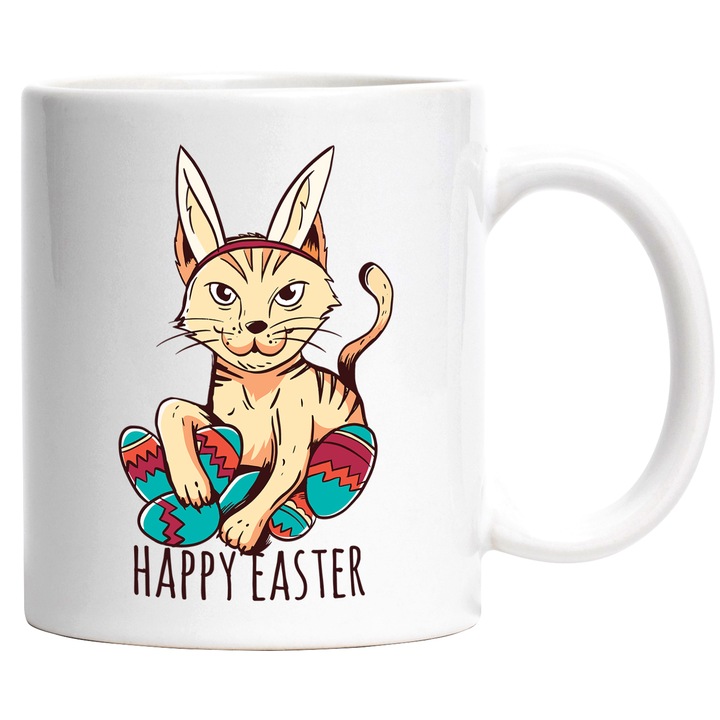 Cana Cu Pisica cU Urechi De Iepuras, Oua Colorate, Mesaj Happy Easter, Iubitorii De Paste, Multicolor 330 ml, cu maner Alb