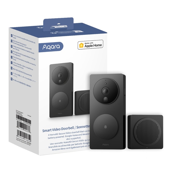 Videointerfon, Aqara Smart Video Doorbell G4 Black, 6x baterii AA LR6, camera 1080p, Wi-Fi