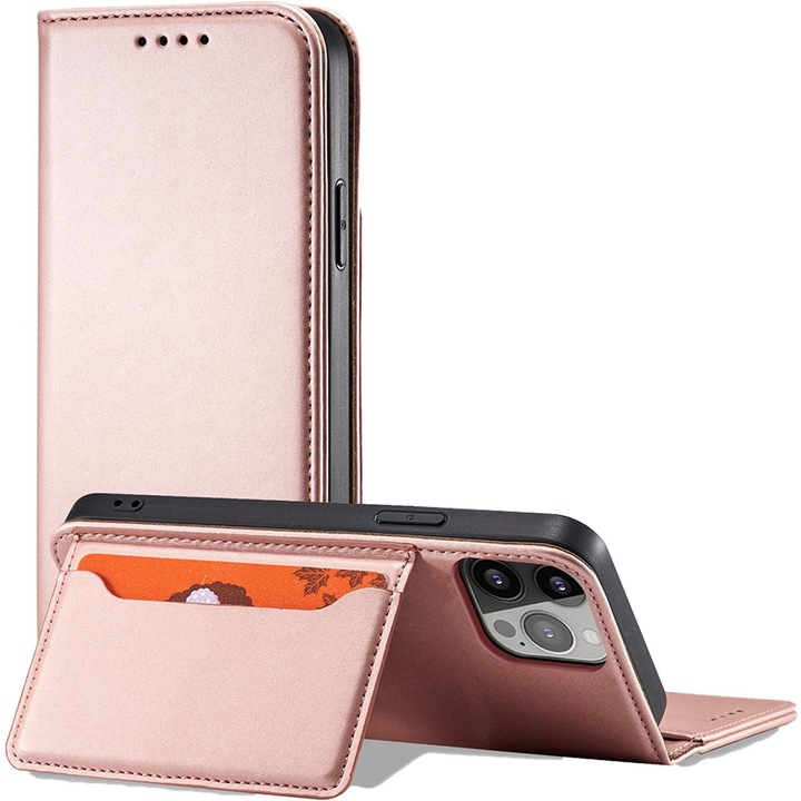 Husa telefon Hurtel Magnet Card Case, suport integrat, compartiment carduri, roz, pentru iPhone 14 Plus