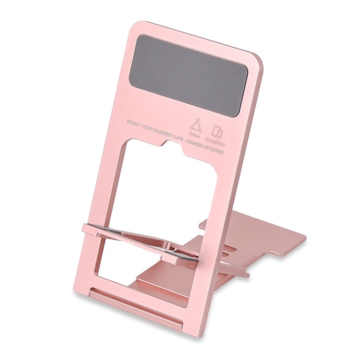 Összecsukható asztali telefontartó, KINSI, alumíniumötvözet, hordozható, 5 magasságállítási fokozat, 133x76x4 mm, rózsa arany