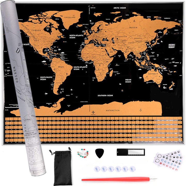 Harta Mare Razuibila a Lumii cu Steaguri, cu Accesorii, Rigla cu Lupa, Ace Atasare Foto si Stickere, 82x59cm