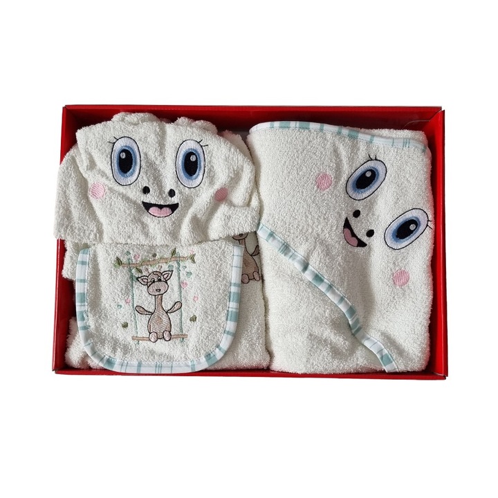 Set baie bebe halat, prosop si bavetica, 3 piese, 100% bumbac, 0-2 ani, Cotton Box, Zurafa