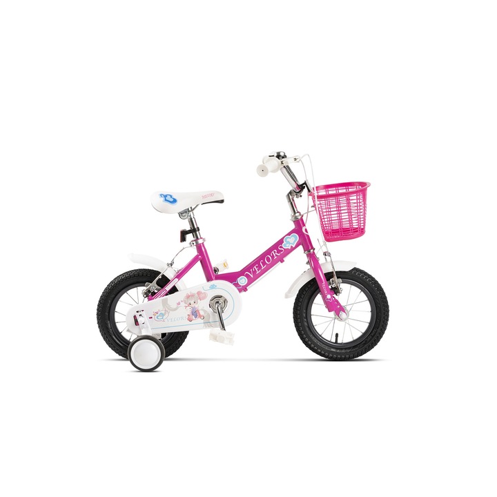 Детски велосипед 2-4 години Velors V1202B, 12 инча колела, предна/задна V-образна спирачка, спомагателни колела, фуксия/бяло