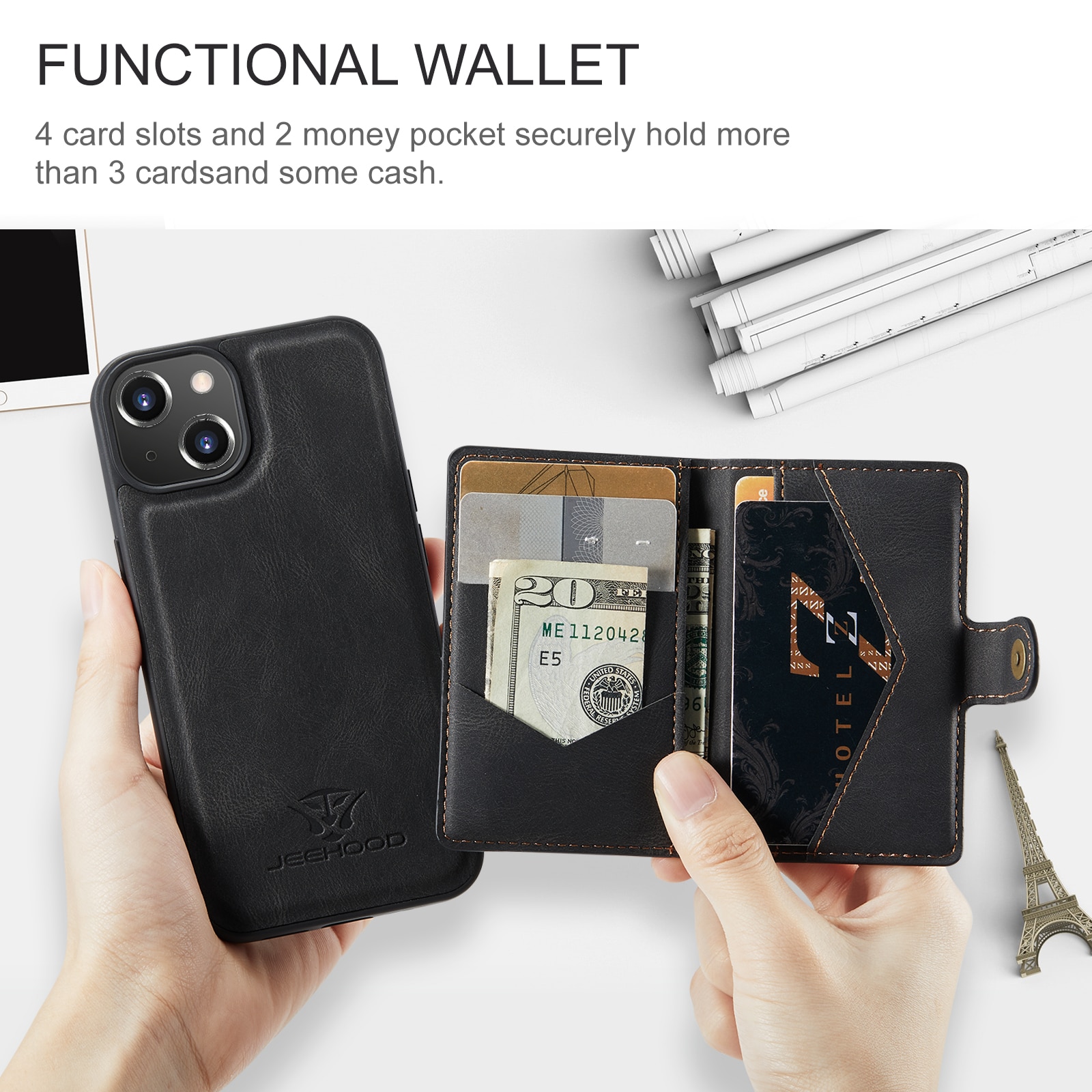 Husa pentru iPhone 14 Plus, piele cu textura moale, back cover, mini portofel detasabil, CaseMe, Negru