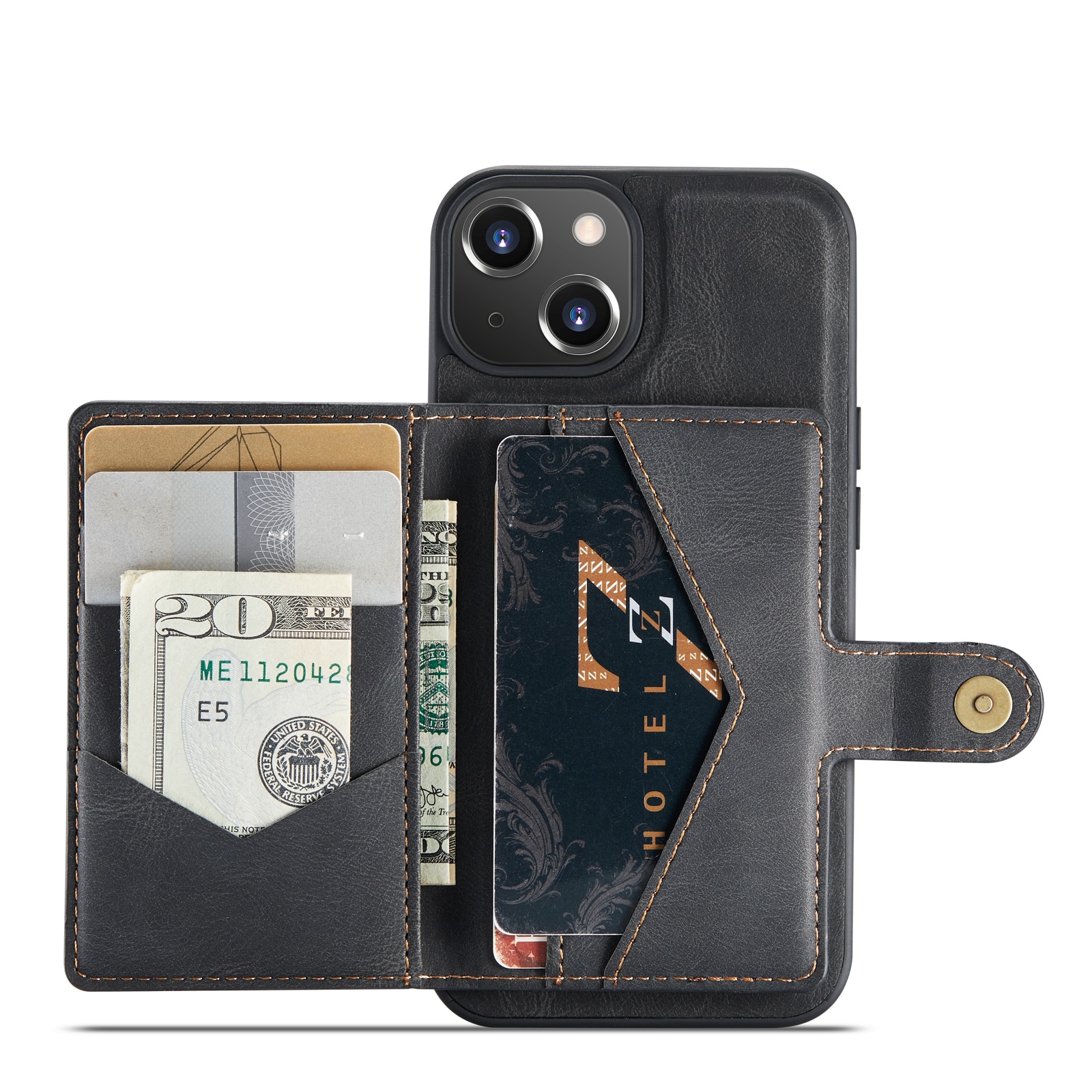 Husa pentru iPhone 14 Plus, piele cu textura moale, back cover, mini portofel detasabil, CaseMe, Negru