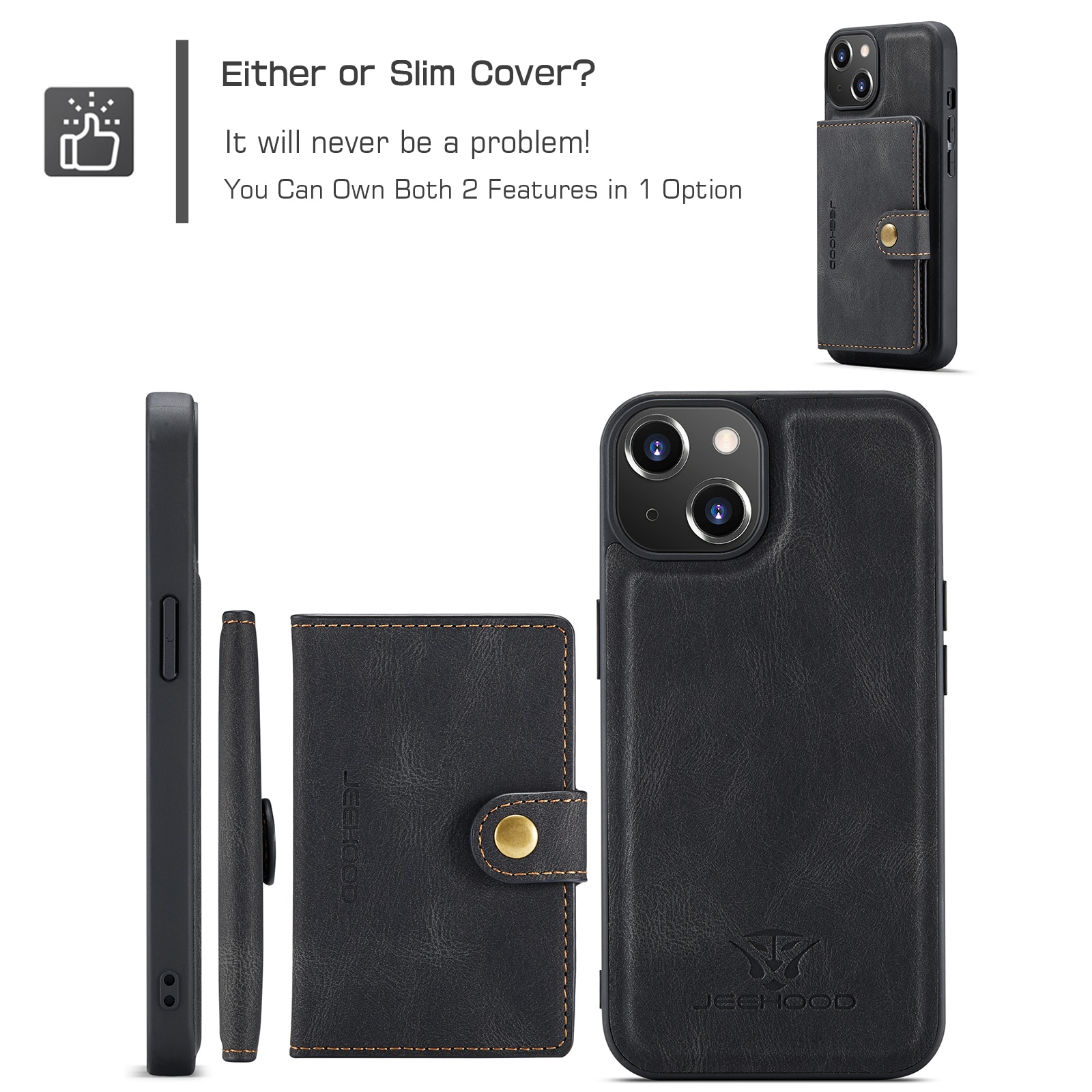 Husa pentru iPhone 14 Plus, piele cu textura moale, back cover, mini portofel detasabil, CaseMe, Negru