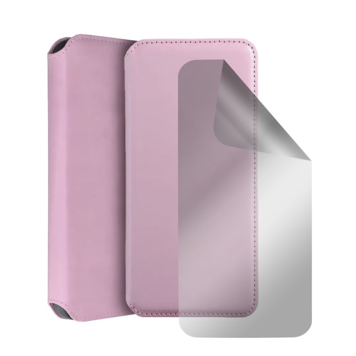 Калъф тип книга и прозрачно силиконово фолио, съвместим със Samsung Galaxy A03, регенерируем хидрогел, ултра прозрачен, кожа със слот за карта, елегантен дизайн, магнитно затваряне, джоб за портфейл, розов