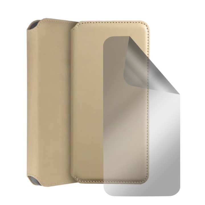 Флип калъф тип книга и прозрачно силиконово фолио, съвместими със Samsung Galaxy A03, регенерируем хидрогел, ултра прозрачен, кожа със слот за карта, елегантен дизайн, магнитно затваряне, джоб за портфейл, злато