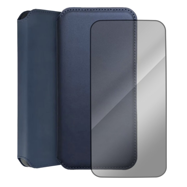 Комплект капаци за книги и 5D стъклено фолио, съвместими със Samsung Galaxy A03, защитено стъкло, черни ръбове, кожа със слот за карти, елегантен дизайн, магнитно затваряне, джоб за портфейл, син