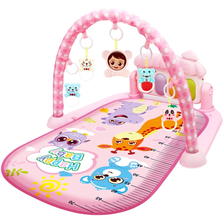 Saltea de joaca Muzicala AKU Interactiva cu Pian 5 in 1,98 cm, print ''Happy Baby" cu animalute, pentru Bebelusi, Roz AK5191