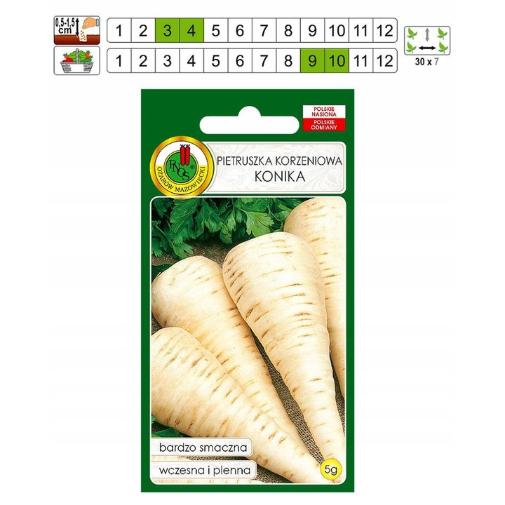 Seminte Radacina De Patrunjel, Pnos, Numar De Seminte 800 900 Buc, In Gram, Norma De Semanat 2 4 kg/Ha, Perioada De Vegetatie 160 170 Zile, Radacini Larg Conice, Lungime Aprox 12 15 cm, 5 g