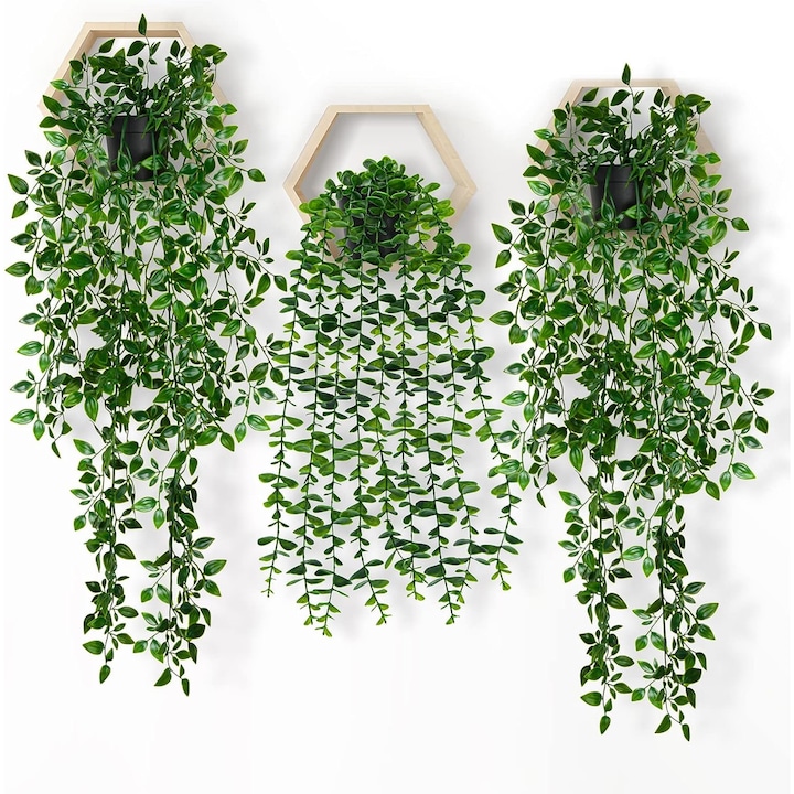 Комплект изкуствени, висящи растения, От пластмаса, 80 см, Зелено, 3бр.