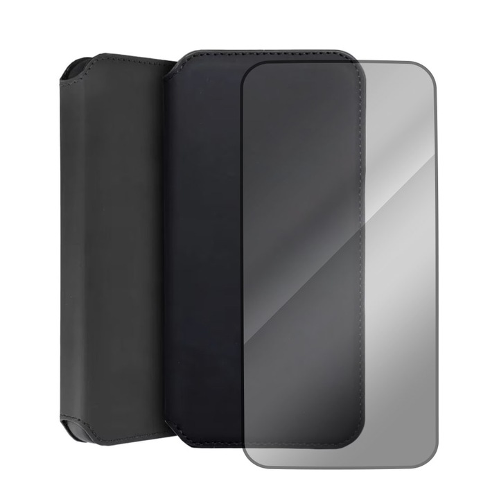 Комплект калъф и стъклено фолио 5D, съвместими с Xiaomi Redmi Note 11 Pro/ Note 11 Pro 5g, защитено стъкло, тип книга, черни ръбове, кожа със слот за карта, елегантен дизайн, магнитно затваряне, джоб за портфейл, черен цвят
