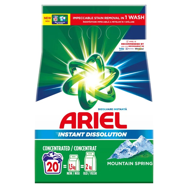 Detergent de rufe automat Ariel Mountain Spring, 1,5 kg, 20 spalari