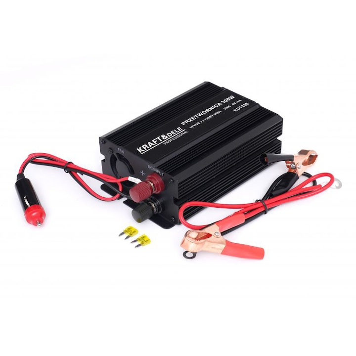 Invertor auto Kraft&Dele KD1258, 12V-230V, 300W, cabluri incluse