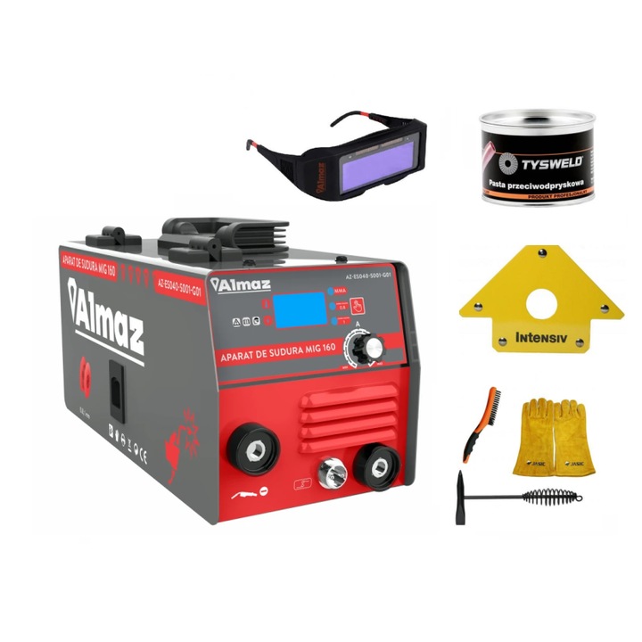 Aparat de sudura Almaz MIG 160 tip invertor, MIG+MMA, electrod 1.6-3.2mm, sarma 0.8-1mm, afisaj digital, accesorii incluse