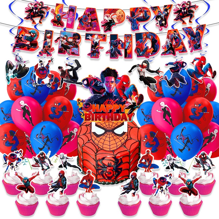 Set 18 baloane copii, Spider-Man, Petrecere Aniversara, Latex, 1 Banner La multi ani, 12 Cupcake Topper, 1 Cake Topper, 6 farmec spirale, Multicolor