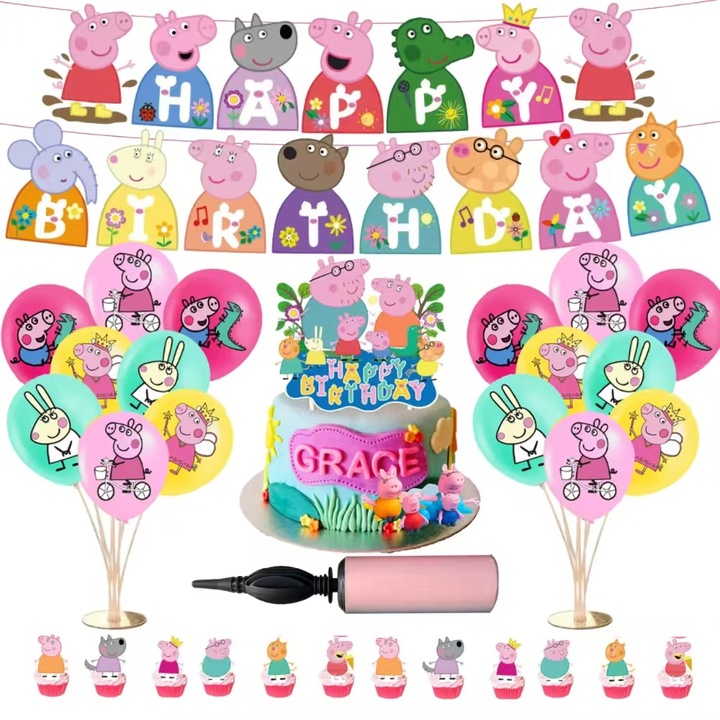 Set 16 baloane copii, piggy page, Petrecere Aniversara, Latex, 1 Banner La multi ani, 12 Cupcake Topper, 1 Cake Topper, 6 farmec spirale, roz