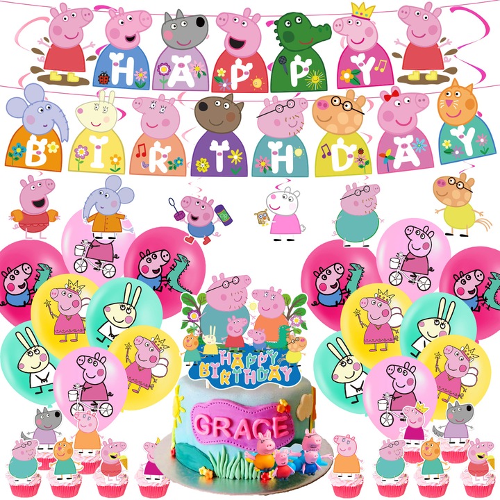 Party-kiegészítő készlet, Peppa Pig téma, Különleges zászló, 16 többszínű lufi, Tortadíszek, Rózsaszín/Tiffany