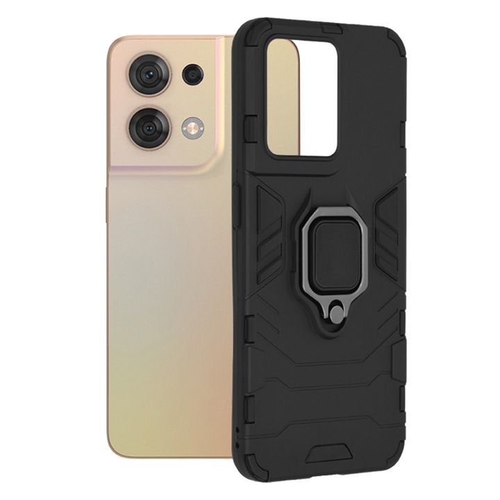 Калъф COMANDO Armor Ring, съвместим с Oppo Reno8, Tactical Defense Protect, Hybrid Antishock, интегрирана метална пластина за закрепване на стойка за кола, въртящ се на 360 градуса пръстен, PVC и PC, черен