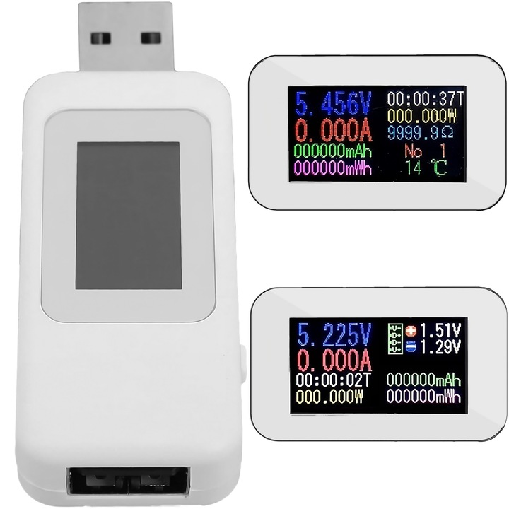 Tester USB KWS-MX18L 10-in-1, Capacitate, Curent, Impedanta, Putere, Voltaj, Alb