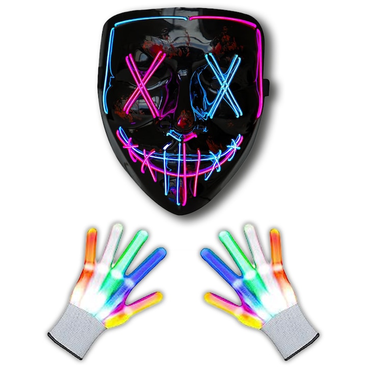 Комплект, Purge Horror Set V-Face, Светеща, двуцветна маска и чифт светещи ръкавици, подходящи за Хелоуин, Коледа, парти, Розово/Синьо