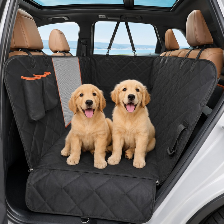 Husa auto de protectie bancheta pentru transport animale, Fish & Paws ®, universala, previne zgarieturile si alunecarea cainilor sau pisicilor, impermeabila cu fereastra de plasa si fermoar, 134 x 150, Neagra