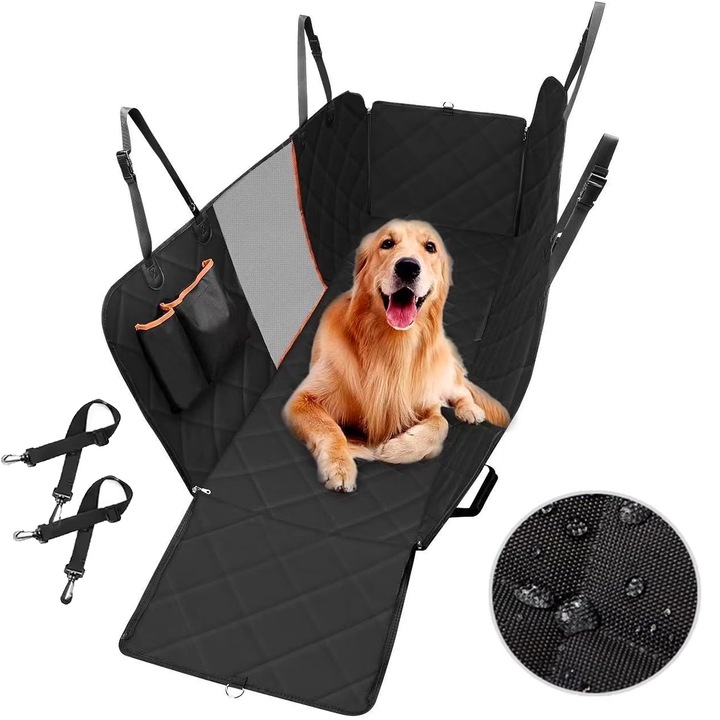 Husa auto de protectie bancheta pentru transport animale, Fish & Paws ®, universala, previne zgarieturile si alunecarea cainilor sau pisicilor, impermeabila cu fereastra de plasa si fermoar, 134 x 150, Neagra