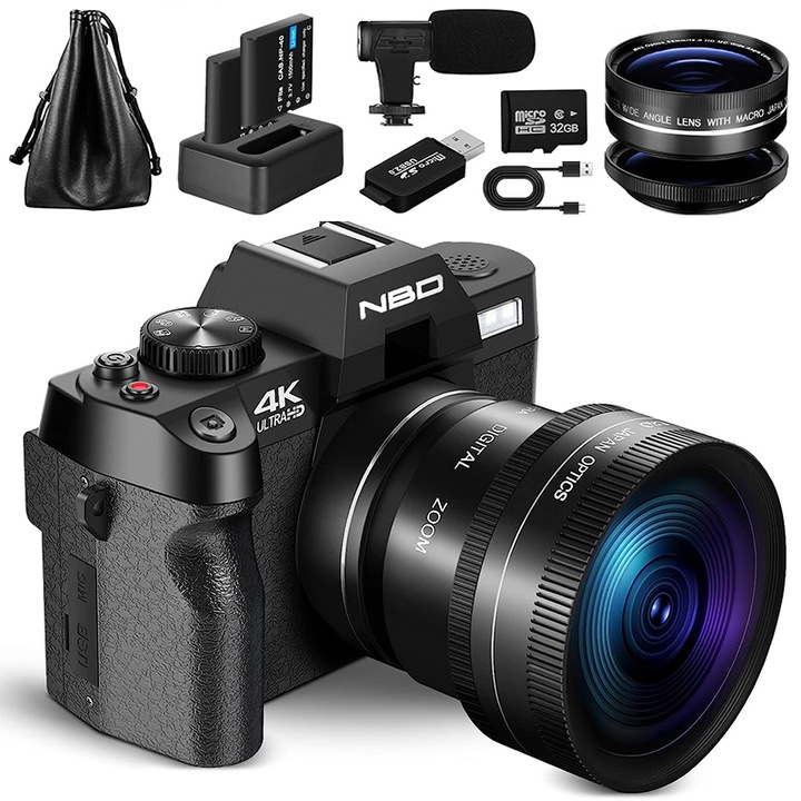 Цифров фотоапарат NBD, 3,0'', IPS, 48MP, 4K, 32GB SD карта, 2 батерии, черен